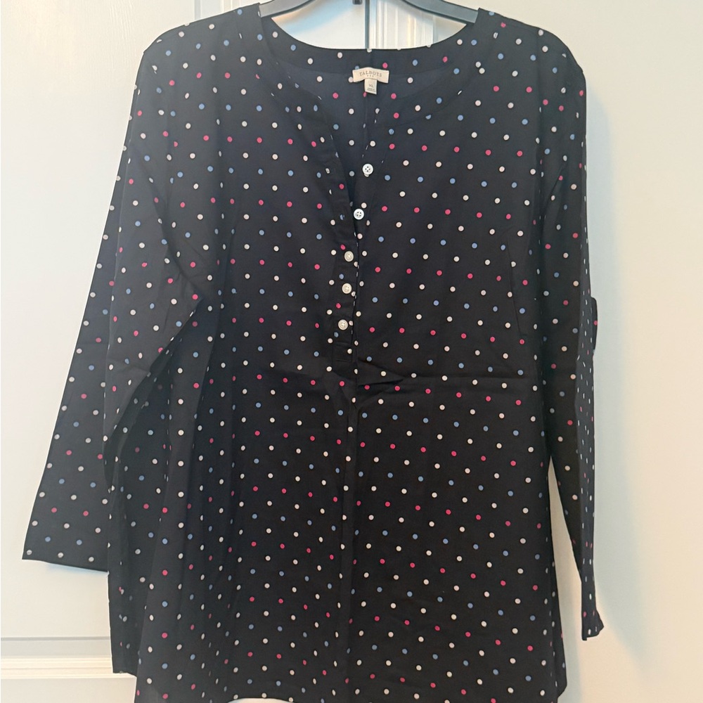 Talbots Black Polka Dot Button-Front Blouse with Pink and Light Blue Dots